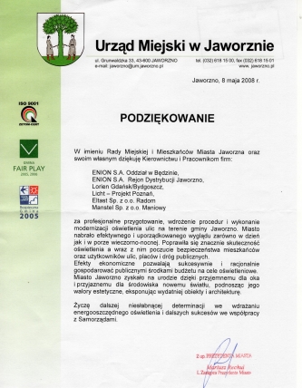 Jaworzno - echa rekordowej modernizacji oświetlenia, podziękowania dla firmy Eltast